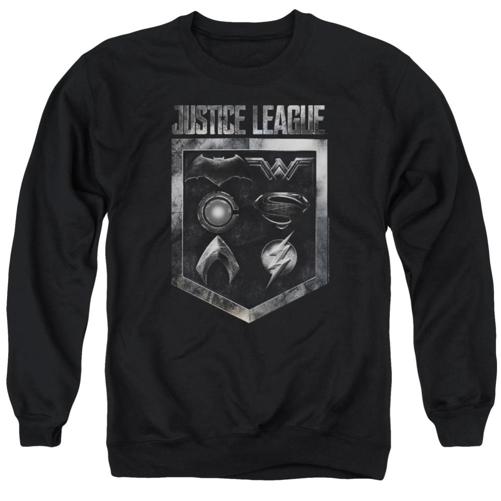 Justice League Movie Shield Of Emblems Men's Crewneck 50 50 Poly Long-Sleeve T-Shirt