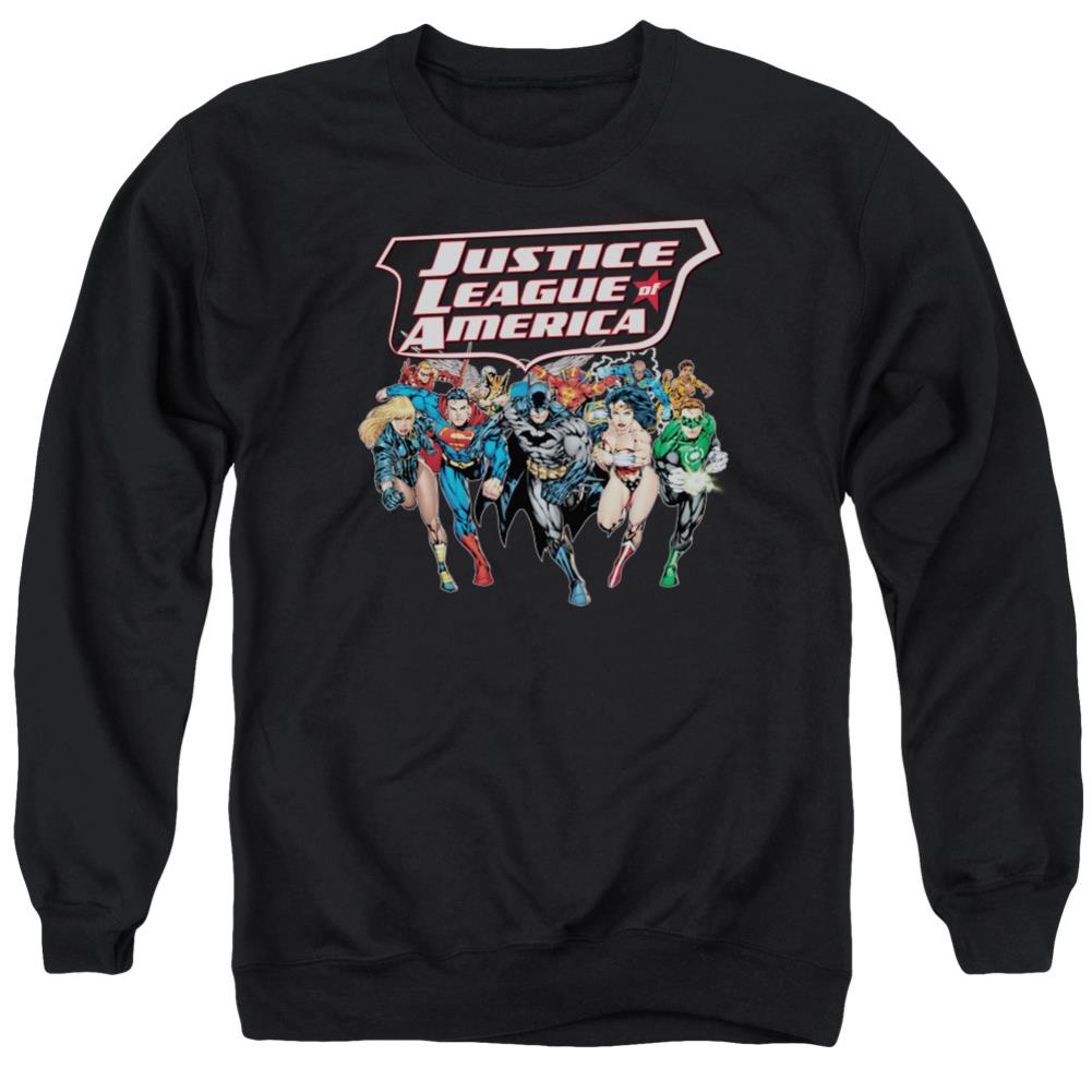 Justice League Of America Charging Justice Men's Crewneck 50 50 Poly Long-Sleeve T-Shirt