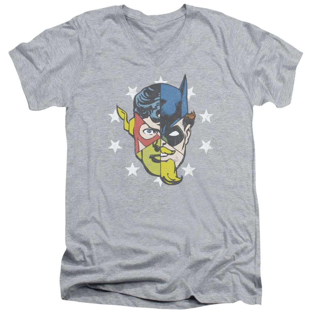 Justice League Of America Face Off Men's 30/1 Cotton Slim V-Neck T-Shirt