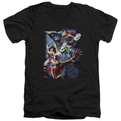 Justice League Of America Galactic Attack Color Men's 30/1 Cotton Slim V-Neck T-Shirt