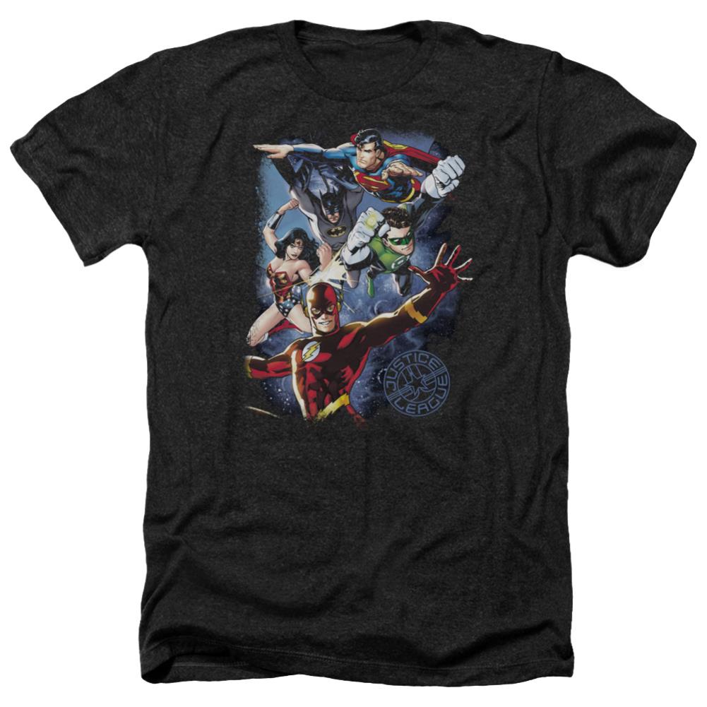 Justice League Of America Galactic Attack Color Men's 30/1 Heather 60 40 Poly Short-Sleeve T-Shirt