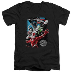 Justice League Of America Galactic Attack Men's 30/1 Cotton Slim V-Neck T-Shirt
