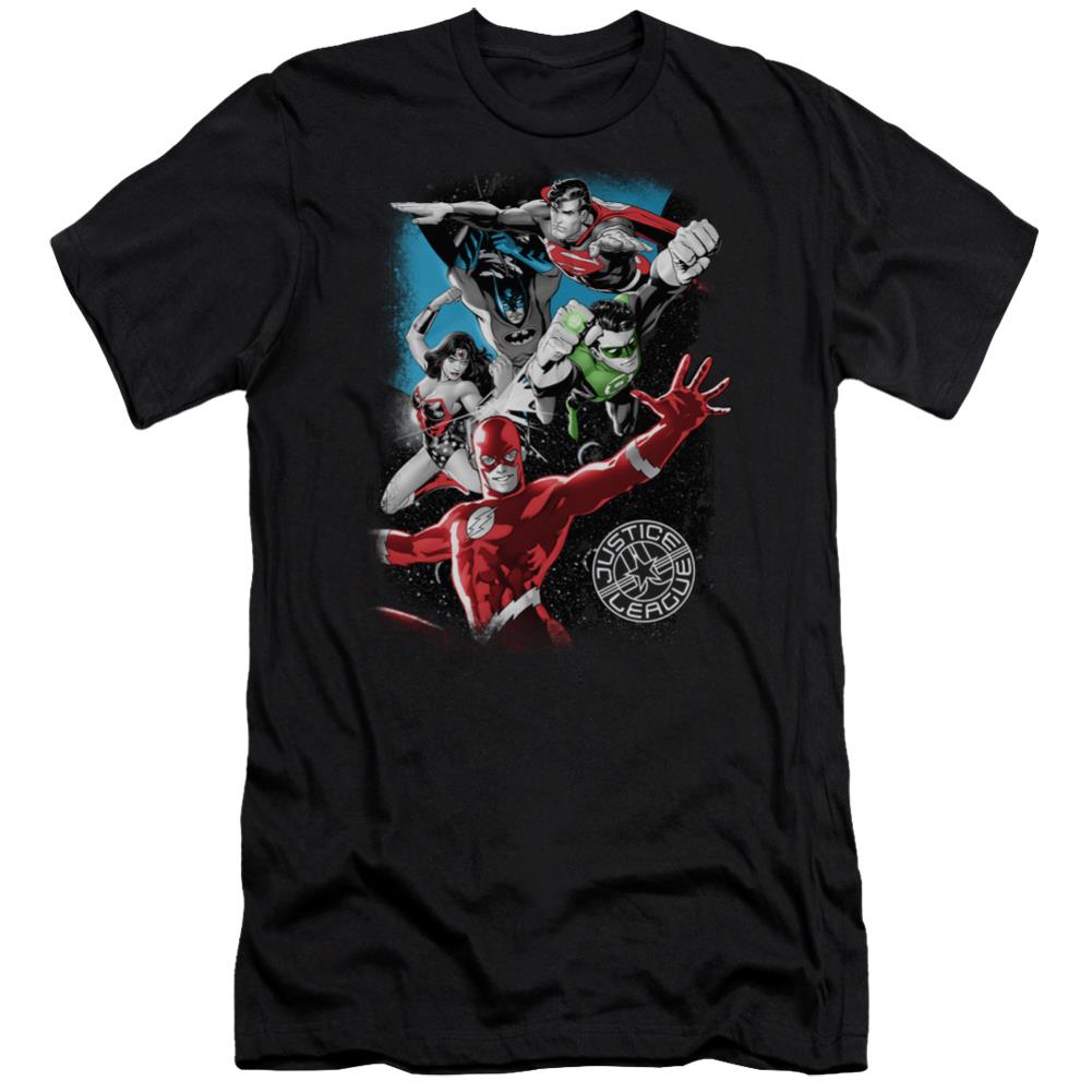 Justice League Of America Galactic Attack Men's Ultra-Soft 30/1 Cotton Slim Short-Sleeve T-Shirt