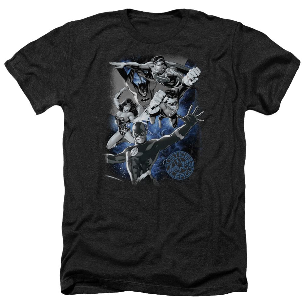 Justice League Of America Galactic Attack Nebula Men's 30/1 Heather 60 40 Poly Short-Sleeve T-Shirt