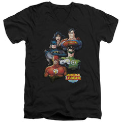 Justice League Of America Group Portrait Men's 30/1 Cotton Slim V-Neck T-Shirt