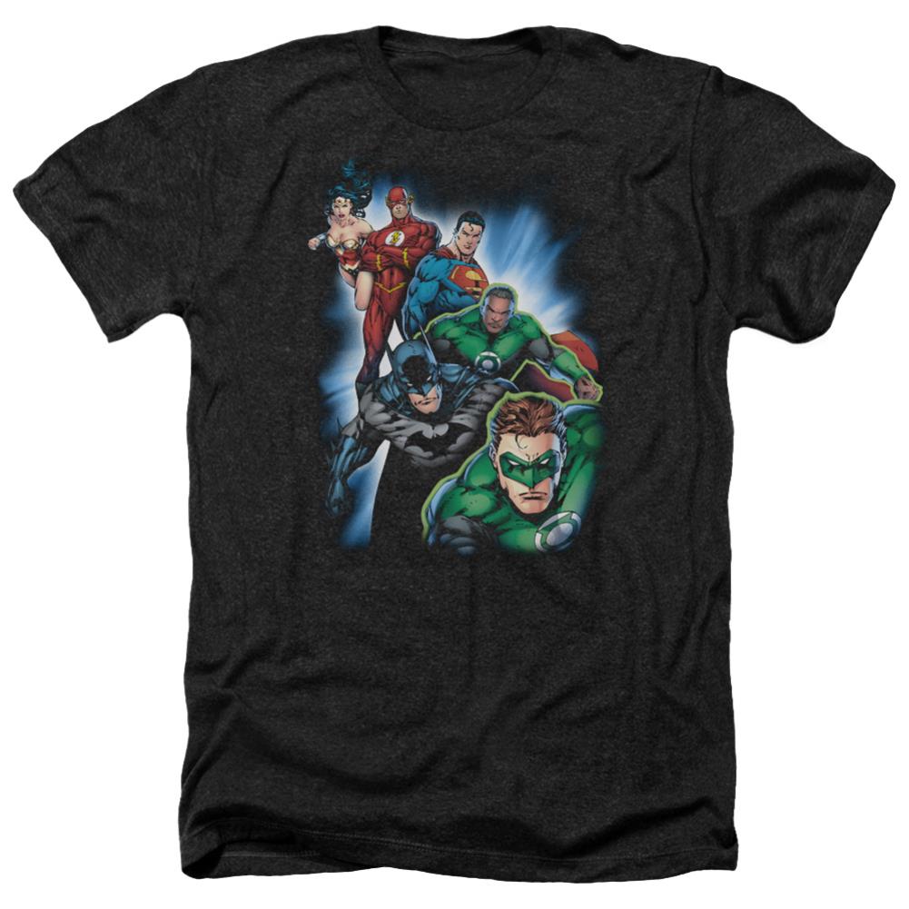 Justice League Of America Heroes Unite Men's 30/1 Heather 60 40 Poly Short-Sleeve T-Shirt