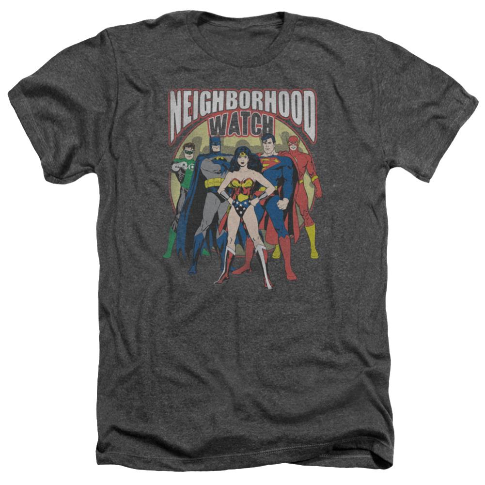 Justice League Of America Neighborhood Watch Men's 30/1 Heather 60 40 Poly Short-Sleeve T-Shirt