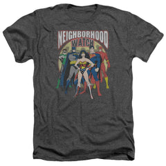 Justice League Of America Neighborhood Watch Men's 30/1 Heather 60 40 Poly Short-Sleeve T-Shirt