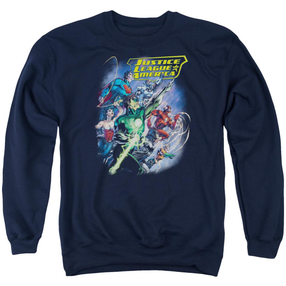 Justice League Of America Onward Men's Crewneck 50 50 Poly Long-Sleeve T-Shirt