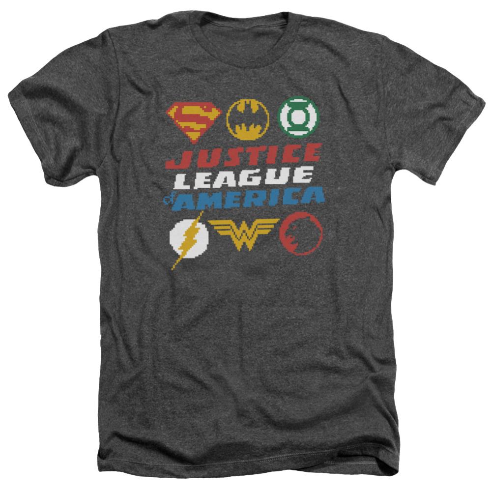 Justice League Of America Pixel Logos Men's 30/1 Heather 60 40 Poly Short-Sleeve T-Shirt