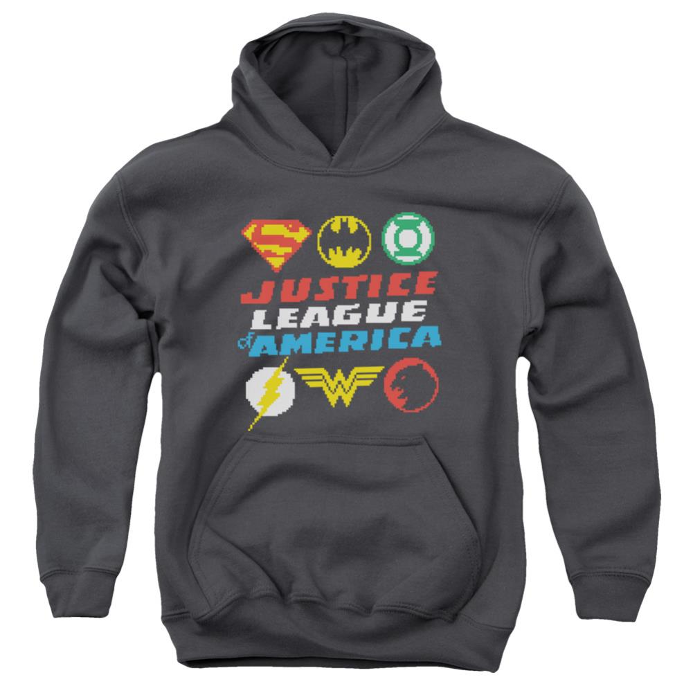 Justice League Of America Pixel Logos Youth Cotton Poly Pull-Over Hoodie