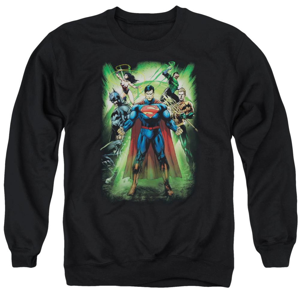 Justice League Of America Power Burst Men's Crewneck 50 50 Poly Long-Sleeve T-Shirt