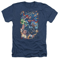 Justice League Of America Under Attack Men's 30/1 Heather 60 40 Poly Short-Sleeve T-Shirt