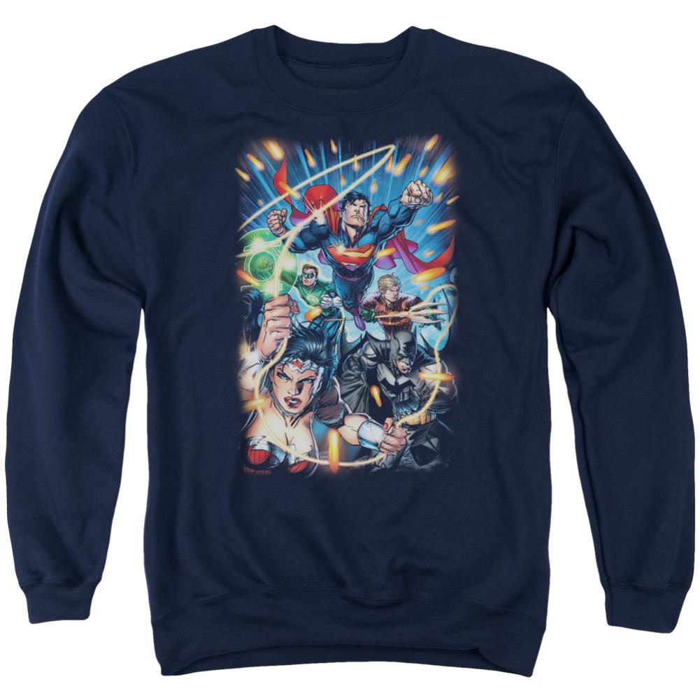 Justice League Of America Under Attack Men's Crewneck 50 50 Poly Long-Sleeve T-Shirt