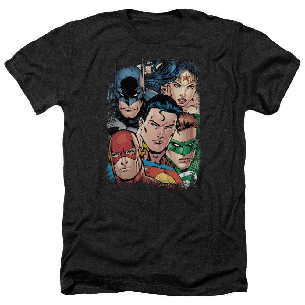 Justice League Of America Up Close And Personal Men's 30/1 Heather 60 40 Poly Short-Sleeve T-Shirt