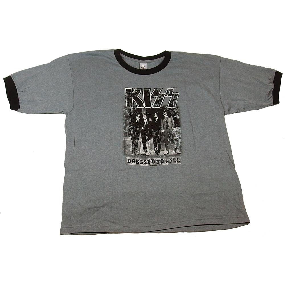 KISS Men's Distressed Dressed To Kill Album Art Black Grey Ringer T-Shirt