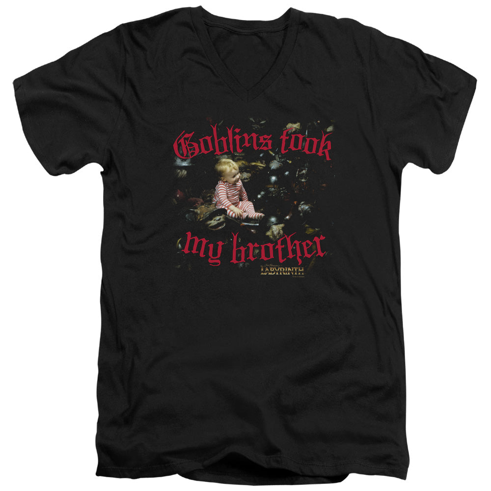 Labyrinth Goblins Took My Brother Men's 30/1 Cotton Slim V-Neck T-Shirt