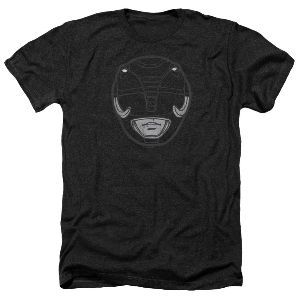 Mighty Morphin Power Rangers Black Ranger Mask Men's 30/1 Heather 60 40 Poly Short-Sleeve T-Shirt