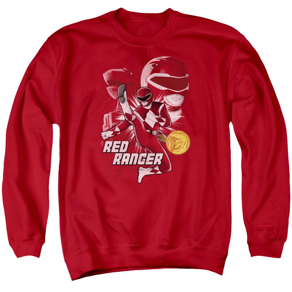 Mighty Morphin Power Rangers Red Ranger Men's Crewneck 50 50 Poly Long-Sleeve T-Shirt
