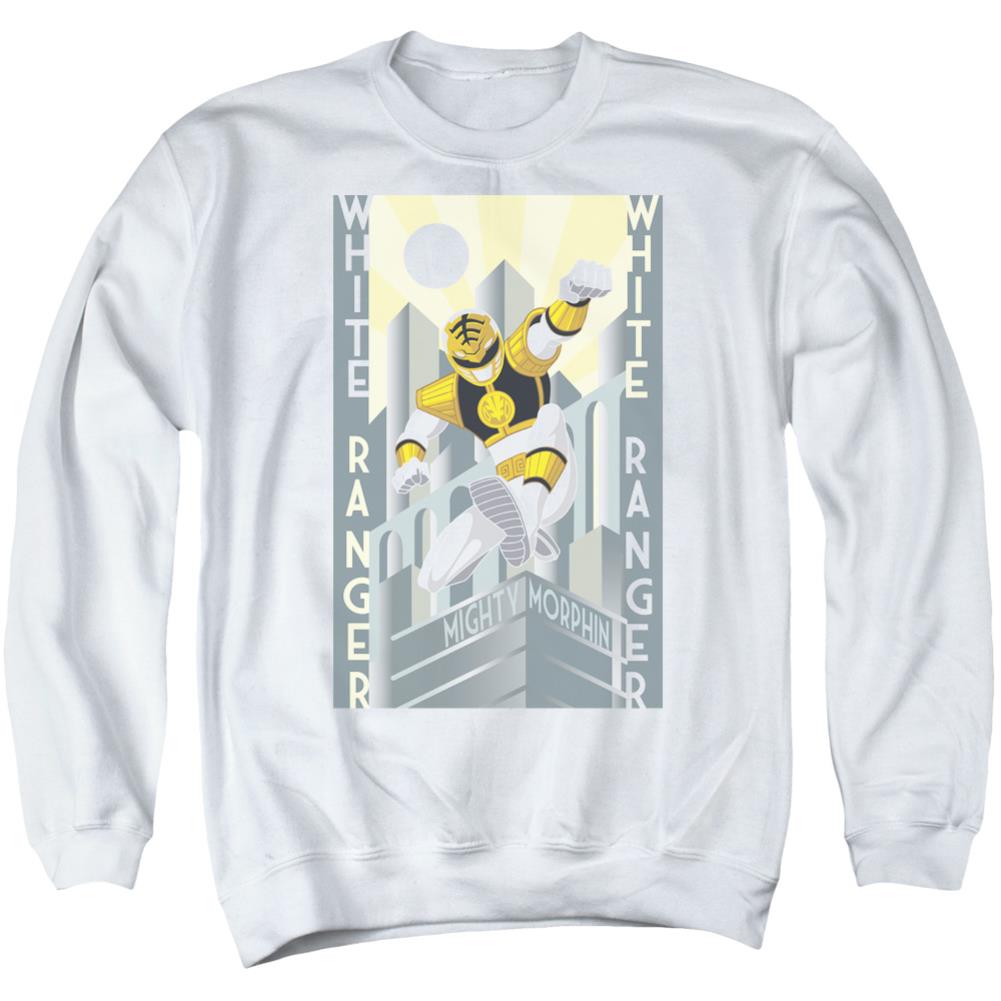Mighty Morphin Power Rangers White Ranger Deco Men's Crewneck 50 50 Poly Long-Sleeve T-Shirt