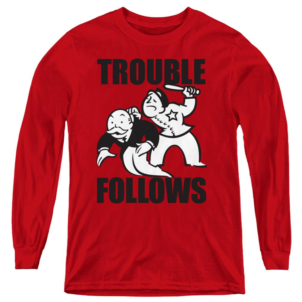 Monopoly Trouble Follows Evergreen Youth Long-Sleeve T-Shirt