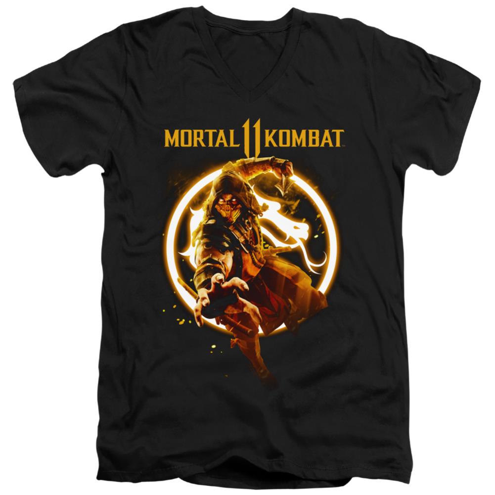 Mortal Kombat 11 Scorpion Flames Men's 30/1 Cotton Slim V-Neck T-Shirt
