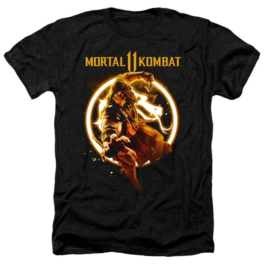Mortal Kombat 11 Scorpion Flames Men's 30/1 Heather 60 40 Poly Short-Sleeve T-Shirt