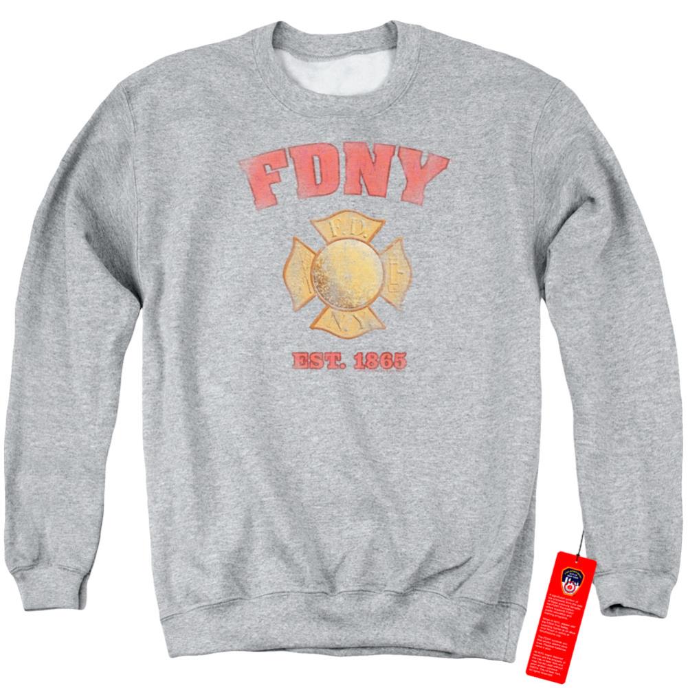 New York City FDNY Vintage Badge Men's Crewneck 50 50 Poly Long-Sleeve T-Shirt