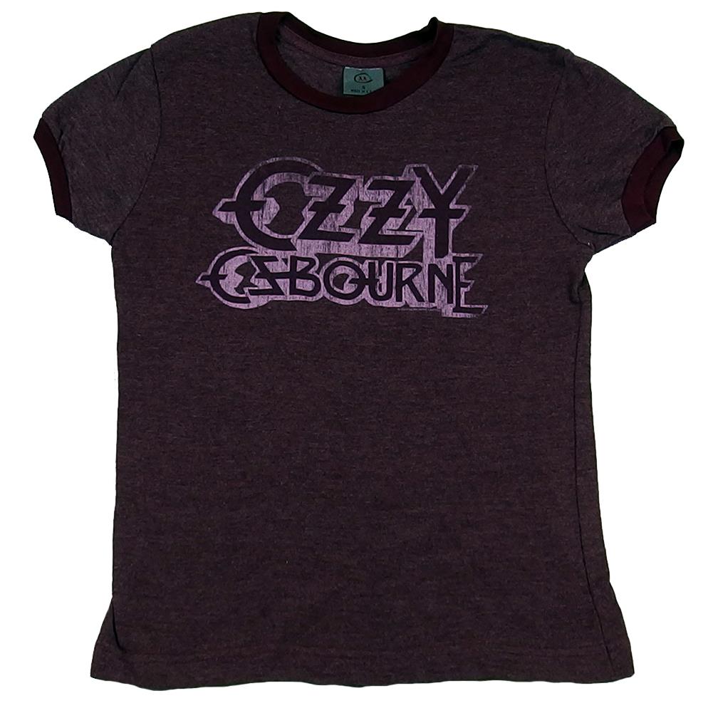 Ozzy Osbourne Women's Distressed Vintage Ozzy Logo Maroon Heather Ringer Babydoll T-Shirt