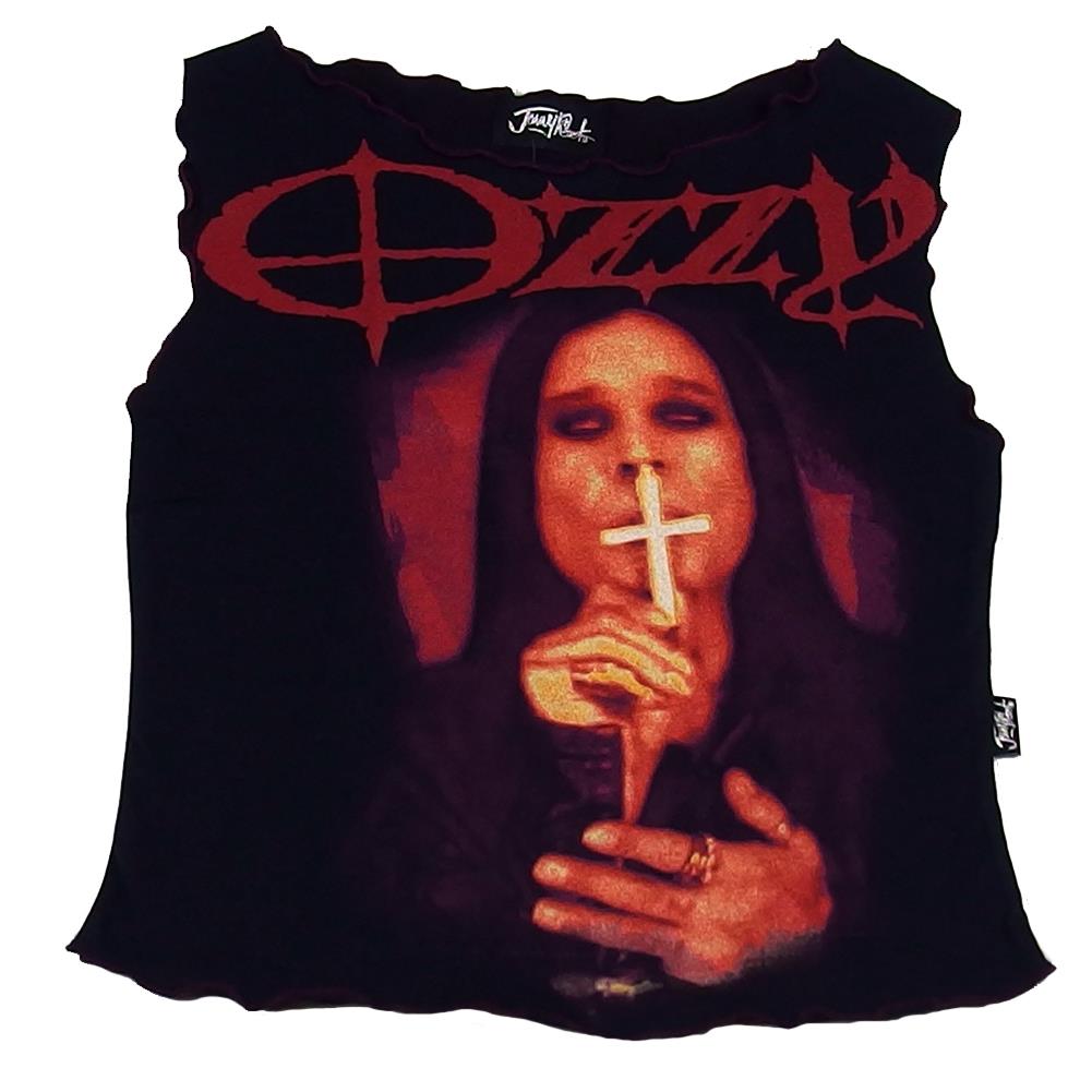 Ozzy Osbourne Women's Jonny Rock Fashion Cross Portrait Logo Stitched Black Babydoll Tank T-Shirt