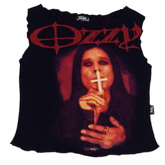 Ozzy Osbourne Women's Jonny Rock Fashion Cross Portrait Logo Stitched Black Babydoll Tank T-Shirt