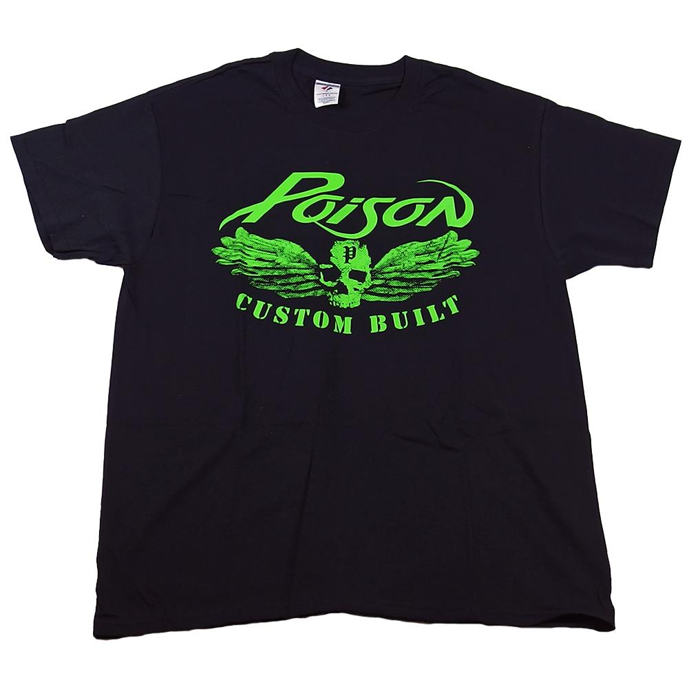 Poison Men's Neon Green Custom Built Winged Skull Logo 2004 Tour Black T-Shirt