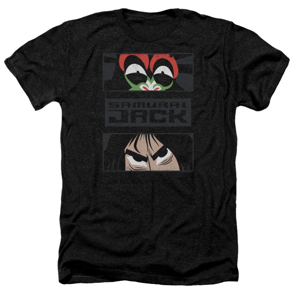 Samurai Jack Stare Down Men's 30/1 Heather 60 40 Poly Short-Sleeve T-Shirt