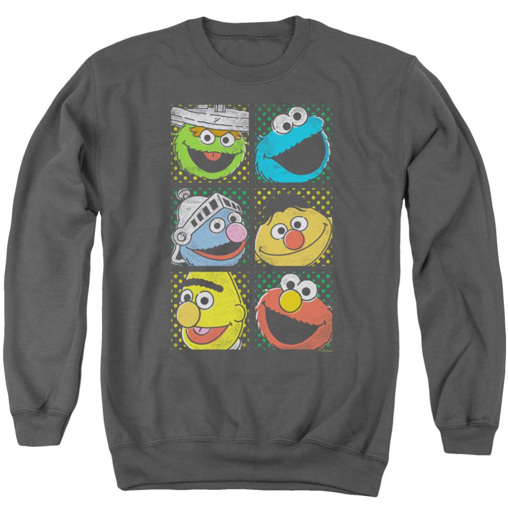 Sesame Street Group Squares Men's Crewneck 50 50 Poly Long-Sleeve T-Shirt