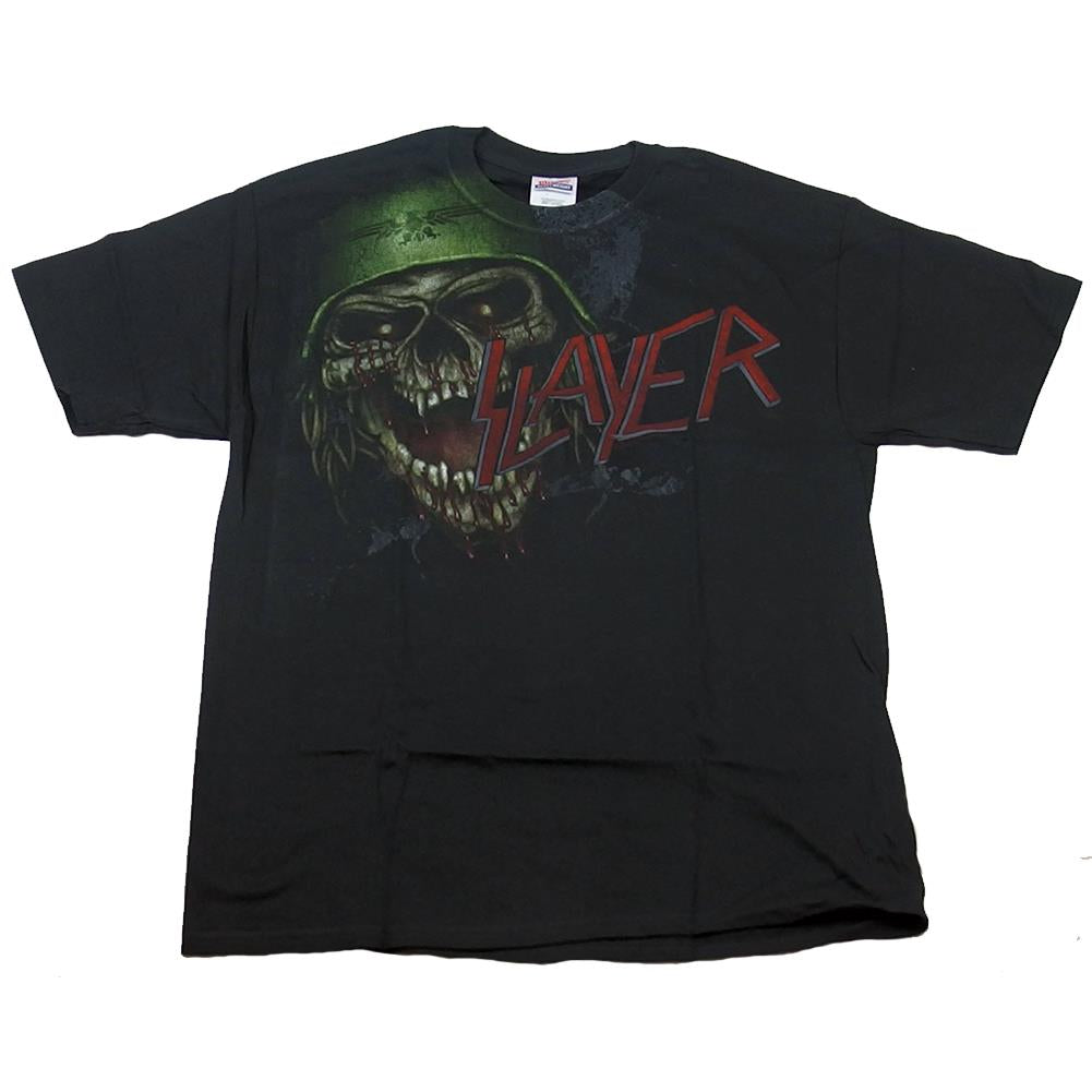 Slayer Men's Black Distressed Bloody Helmet Skull Logo T-Shirt