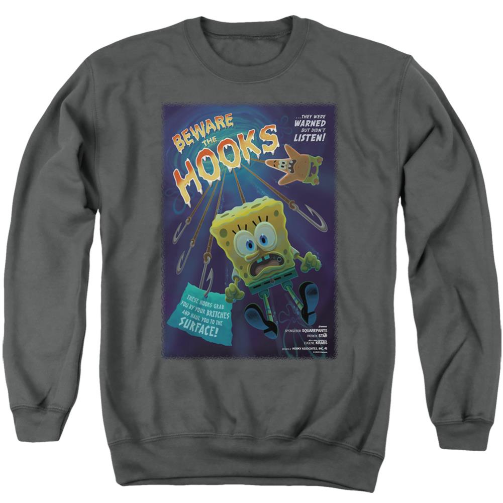 Spongebob Squarepants Beware The Hooks Men's Crewneck 50 50 Poly Long-Sleeve T-Shirt
