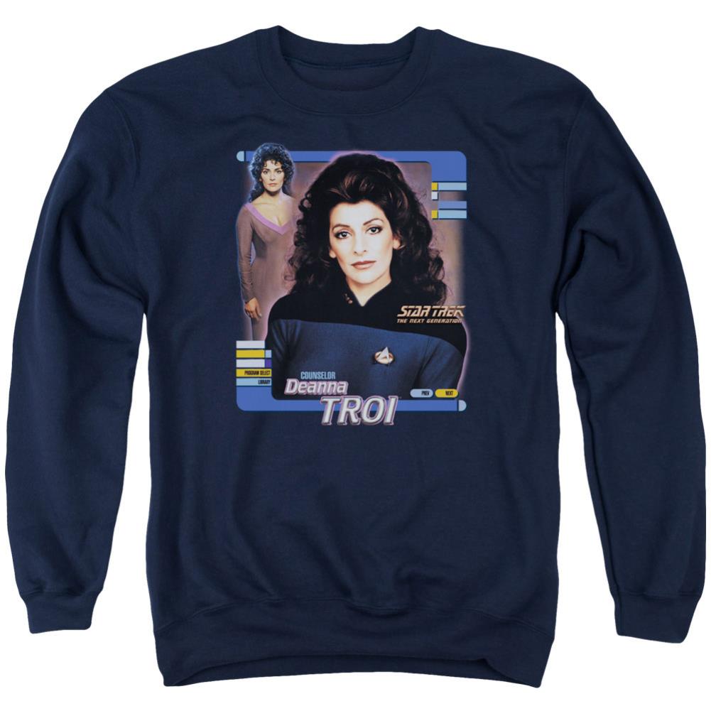 Star Trek Deanna Troi Men's Crewneck 50 50 Poly Long-Sleeve T-Shirt