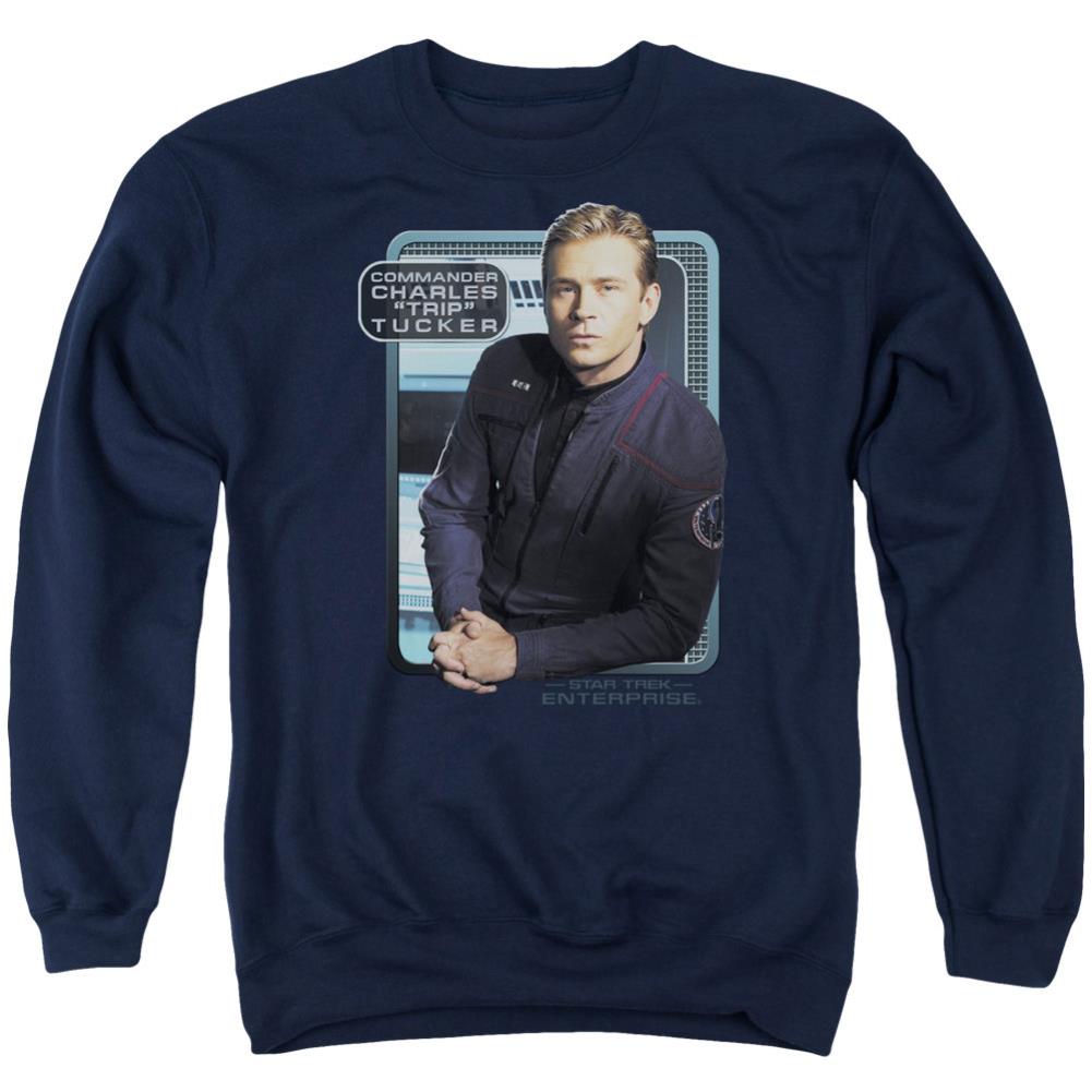 Star Trek Trip Tucker Men's Crewneck 50 50 Poly Long-Sleeve T-Shirt