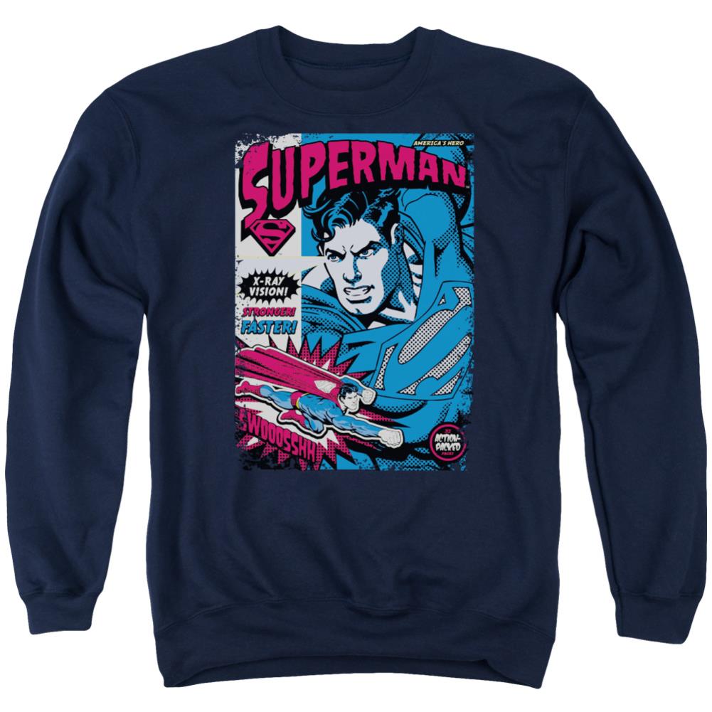 Superman Action Packed Men's Crewneck 50 50 Poly LS T