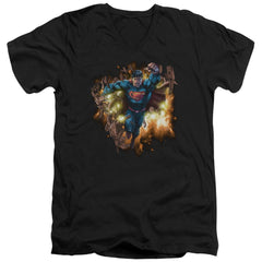 Superman Blasting Through Men's 30/1 Cotton Slim V-Neck T