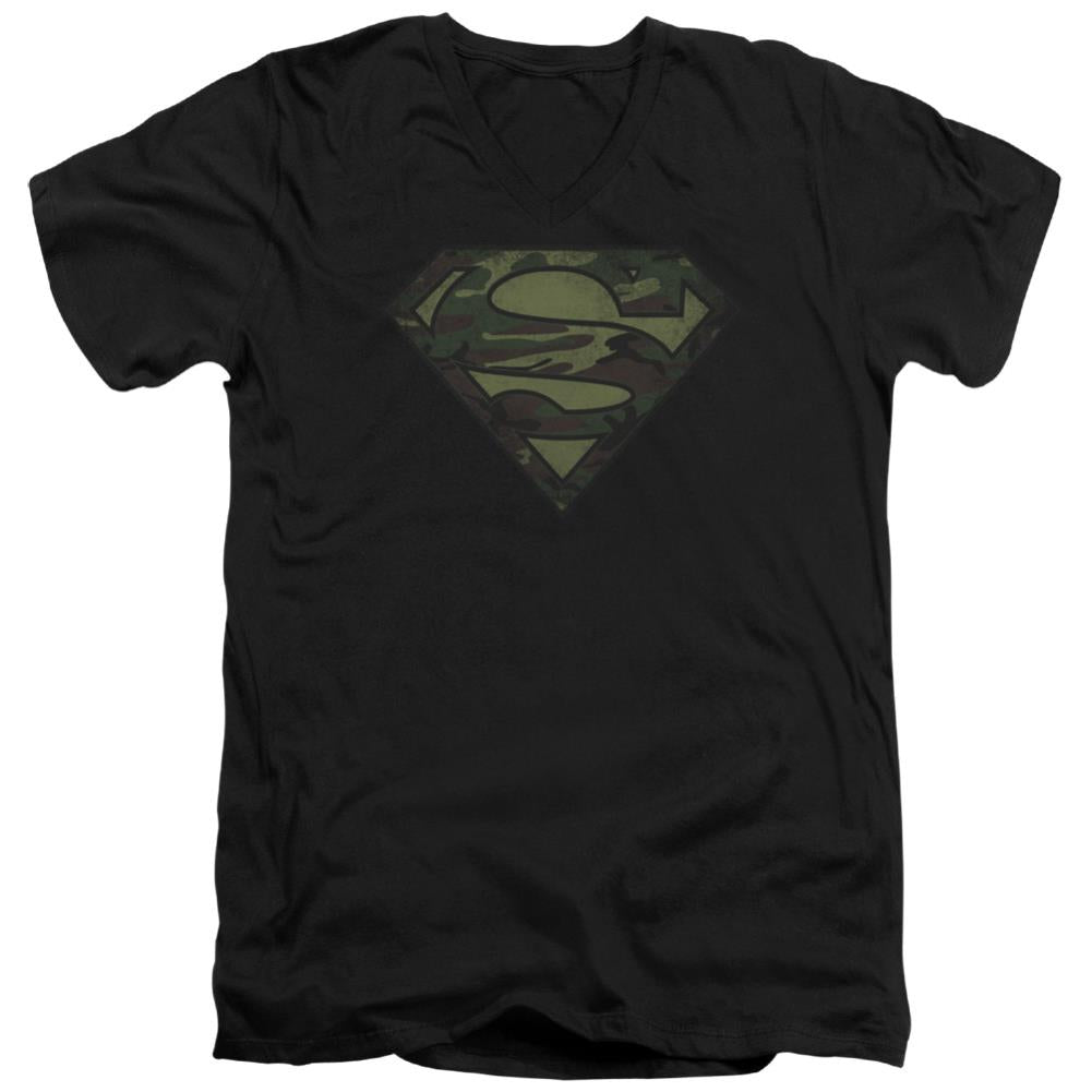 Superman Camo Logo Distressed Men's 30/1 Cotton Slim V-Neck T