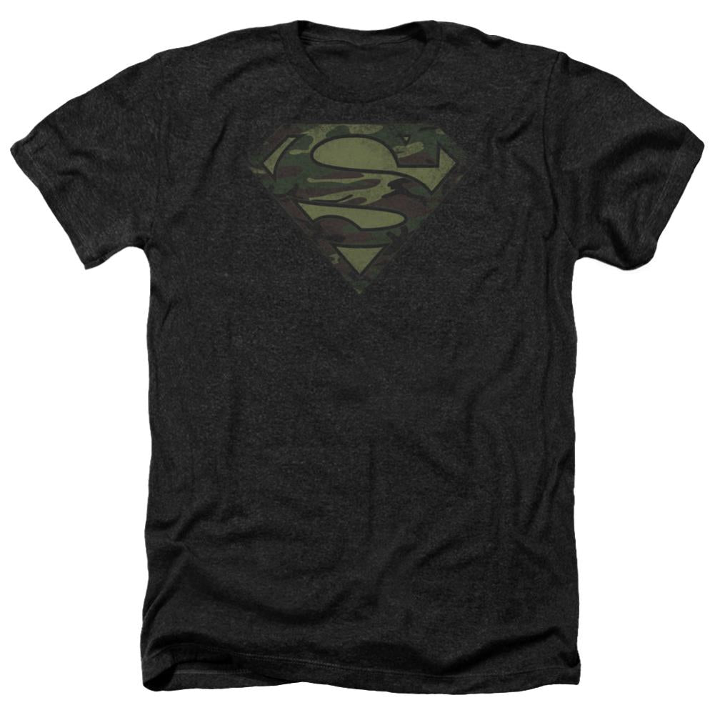 Superman Camo Logo Distressed Men's 30/1 Heather 60 40 Poly SS T