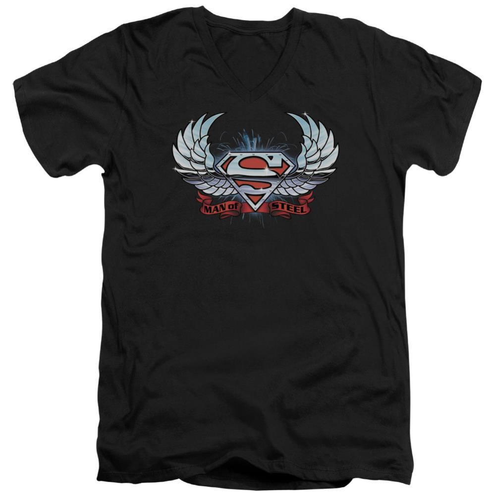 Superman Chrome Wings Shield Men's 30/1 Cotton Slim V-Neck T