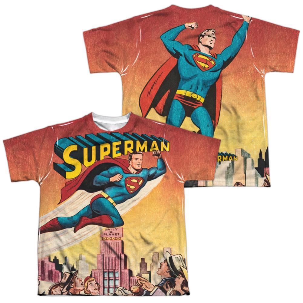 Superman City Flying (Front/Back Print) Youth Regular Fit Poly SS T