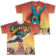 Superman City Flying (Front/Back Print) Youth Regular Fit Poly SS T