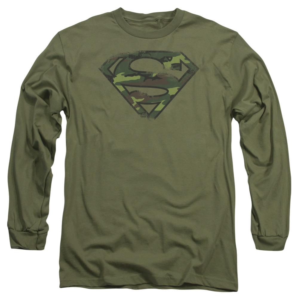 Superman Distressed Camo Shield Men's 18/1 Cotton LS T