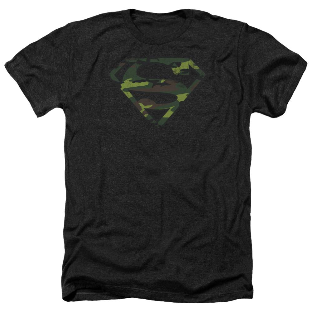 Superman Distressed Camo Shield Men's 30/1 Heather 60 40 Poly SS T