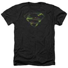 Superman Distressed Camo Shield Men's 30/1 Heather 60 40 Poly SS T