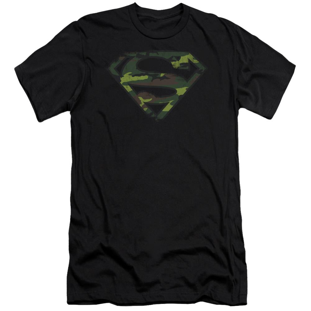Superman Distressed Camo Shield Men's Ultra-Soft 30/1 Cotton Slim SS T