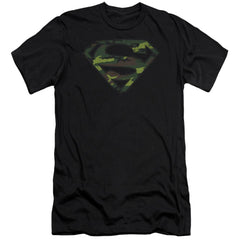 Superman Distressed Camo Shield Men's Ultra-Soft 30/1 Cotton Slim SS T